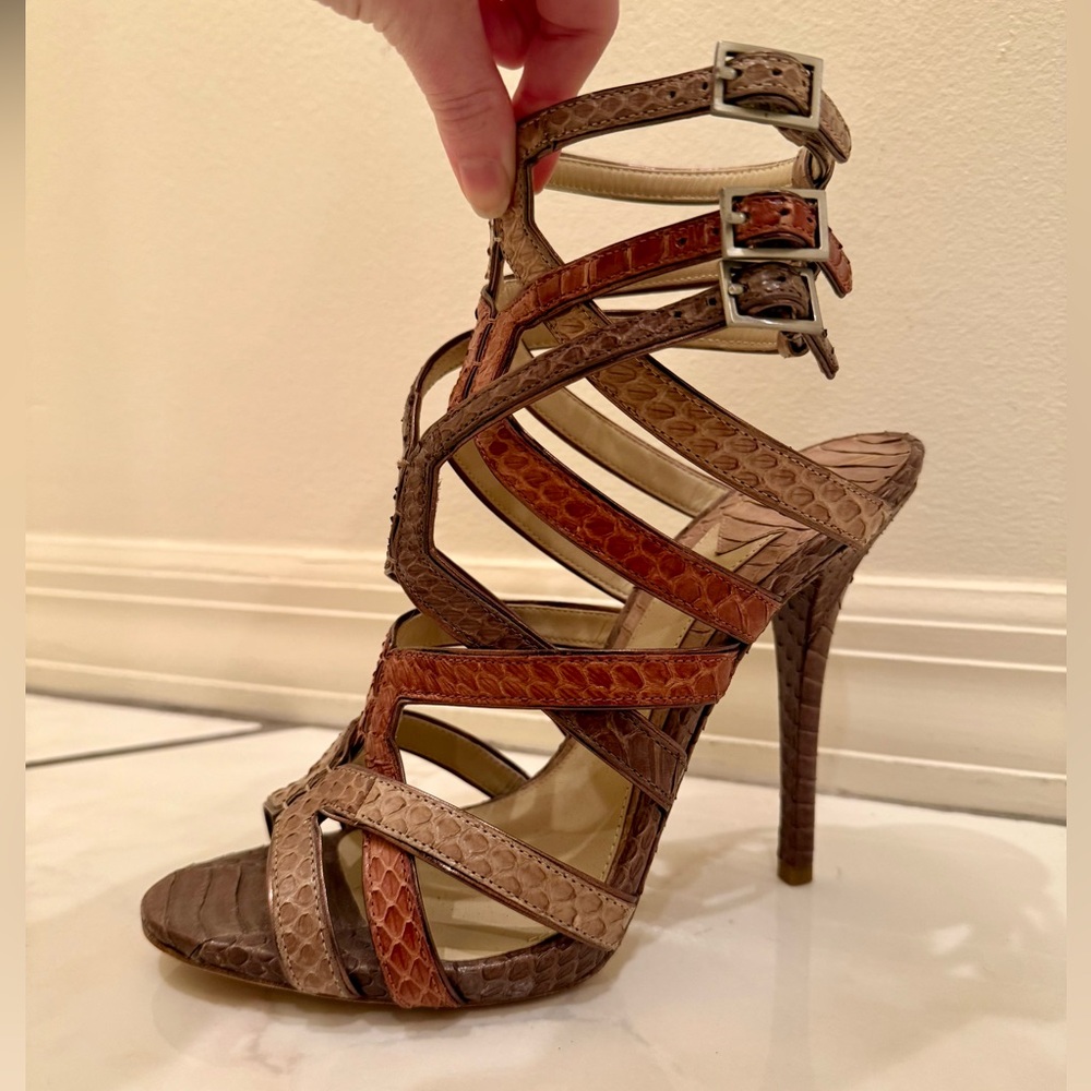Brian Atwood Triple-Buckle Tricolor Snakeskin Leather Sandals Heels 8/38.5 $880